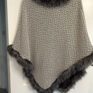 Coco + Carmen Black and Gray Poncho with Faux Fur
